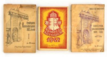 1921-1922 Erdélyiek Kalendáriuma az 1921/1922 évre. I. és II. évfolyam. Szerk.: Füzi S. Andor, Márky István. hn.,Erdélyi Otthon Segélyező Egyesület-"Erdélyi Hírek." Papírkötésekben, foltosak, megviselt állapotban.+1942 Nemzeti Kalendárium. Bp., Nemzetpolitikai Szolgálat Sajtóvállalat. Papírkötésben.