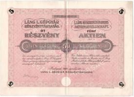Budapest 1926. Láng L. Gépgyár Részvénytársaság részvénye 50P-ről, szelvényekkel és szárazpecséttel T:III