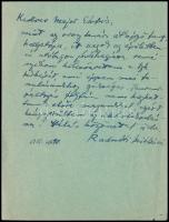 1951 Radnóti Miklósné Gyarmati Fanni (1912-2014) saját kézzel írt levele egy kölcsönvett térkép ügyében, Major Máté (1904-1986) Kossuth-díjas építész, egyetemi tanár, MTA tag részére, dátumozva.