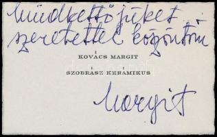 cca 1970 Kovács Margit (1902-1977) szobrász, kerámikus névjegykártyája saját kezű soraival és aláírásával. Major Máté (1904-1986) Kossuth-díjas építész, egyetemi tanár, MTA tag részére. Mindkettőjüket szeretettel köszöntöm Margit. Édesszép Major Máté mennybemenetelemért hálás köszönet.