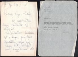 cca 1970 Kovács Margit (1902-1977) szobrász, kerámikus 1970-es, Műcsarnok-os kiállítása kapcsán, a katalógus írójának, Major Máté (1904-1986) Kossuth-díjas építész részére szóló saját kézzel írt levele, valamint az arra írt gépelt válasz, és a katalógushoz írt előszó gépelt kézirata, benne Major Máté saját kezű javításaival. Valamint 2 db fotó Kovács Margit által készített szobrokról, az egyik hátoldalán saját kezű soraival és aláírásával, a másikon aláírásával.