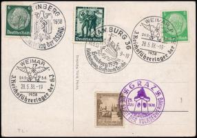 1938 Adolf Hitler képeslap, hátoldalon különféle birodalmi bélyegzésekkel