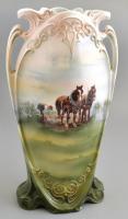 Szecessziós Victoria porcelán váza szántó lovas jelzett képpel (Harrowing) jelzett, részben kézzel festett, apró lepattanásokkal. m: 39 cm