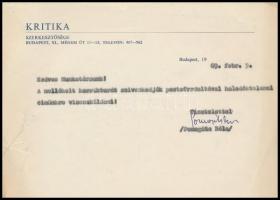 1969 Pomogáts Béla (1934-) Széchenyi-díjas kritikus, irodalomtörténész gépelt levele a Kritika folyóirat fejléces papírján, saját kezű aláírásával.