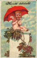 1932 Húsvéti üdvözlet / Easter greeting card, angel with umbrella (Rb)