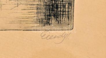 Élesdy István (1912-1987): Szigligeti vár, rézkarc, papír, jelzett, üvegezett fa keretben, 29×39 cm