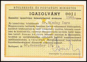 1968 Dimény Imre miniszter országos díjmentes utazásra jogosító igazolványa