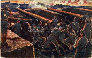 1915 Artillerie-Kampf gegen die Belgrader Festung / WWI Austro-Hungarian K.u.K. military art postcard, artillery at the Siege of Beograd + K.u.K. Stabskompagnie No. 33. I.R. No. 33. (gyűrődés / crease)