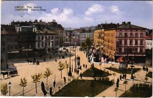 1917 Lviv, Lwów, Lemberg; Plac Halicki / Halicki-Platz / street view, square, shops, tram (EK)
