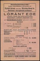 cca 1925 Lóránt Ede likőr-, rum- és konyakgyára árlista