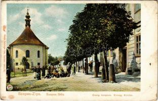 Szepesbéla, Spisská Belá (Szepes, Zips); Evangélikus templom. Feitzinger Ede kiadása 1902/12. Autochrom 559. / Lutheran church, street view (EB)