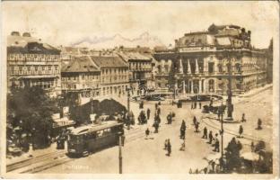 1931 Pozsony, Pressburg, Bratislava; Színház, utca, villamos, üzletek / theatre, street view, tram, shops (fl)
