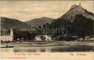 1911 Vágváralja, Vág-Podhragy, Povazské Podhradie (Vágbeszterce, Povazská Bystrica); Podrágyvár, templom, kastély. Vágvölgy. Gansel Lipót 18. / castle, church in Váh Valley / Povazie + ODERBERG - GALÁNTA - BUDAPEST 362 B vasúti mozgóposta bélyegző (EK)