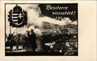 1940 Beszterce, Bistritz, Bistrita; visszatért, bevonulás, magyar címer és katonák. Foto Sport / entry of the Hungarian troops, soldiers, Hungarian coat of arms, montage photo