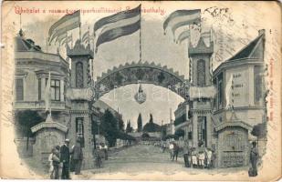 1903 Szombathely, Üdvözlet a Vasmegyei Iparkiállításról, Polgári fiúiskola, magyar zászlók. Langer K. János kiadása (kis szakadás / small tear)
