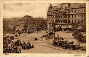 1925 Pécs, Széchenyi tér, villamos, piac, Takarékpénztár, üzletek (EK)