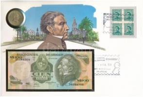 Urugay érmés és bankjegyes, pecsételt boríték benne 1965. 10P érmével és 1987. 100P bankjeggyel, német leírással T:1,I