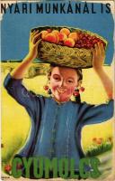 Nyári munkánál is gyümölcs! Magyar egészségügyi propaganda, C-vitamin táblázat a hátoldalon. M. kir. Földművelődésügyi Minisztérium kiadványa / Hungarian health campaign propaganda, Vitamin C chart s: Vöczköndy (EK)