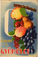 Vitamin a gyümölcs! Magyar egészségügyi propaganda, C-vitamin táblázat a hátoldalon. M. kir. Földművelődésügyi Minisztérium kiadványa / Hungarian health campaign propaganda, Vitamin C chart s: Garamvölgyi K. (EK)