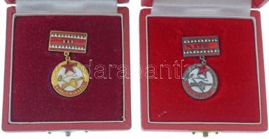 1957. Kiváló Munkáért MHSZ (Magyar Honvédelmi Szövetség) zománcozott, aranyozott és bronz kitüntető jelvények (2xklf) mindkettő eredeti dobozában (43x31mm) T:1