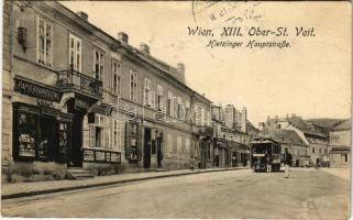 1918 Wien, Vienna, Bécs XIII. Ober Sankt Veit, Hietzinger Hauptstraße / street view, shop of Franz Operényi, Josef Hezina, Café St. Veit, tram (EK)