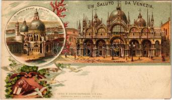 Venezia, Venice; Un Saluto da Venezia. S. Marco, S. Maria della Salute / cathedral, coat of arms. E. Schwidernoch Art Nouveau, floral, litho