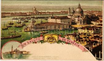 Venezia, Venice; Un Saluto da Venezia. Isola di S. Giorgio, coat of arms. E. Schwidernoch Art Nouveau, floral, litho (EK)