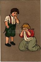 Romantic children couple art postcard, litho, Romantikus gyerek pár, litho