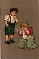 Romantic children couple art postcard, litho