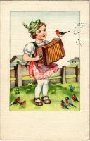 1951 Girl with accordion. "ERIKA" Nr. 3396., 1951 Kislány harmónikával. "ERIKA" Nr. 3396.