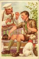 A cserkész takarékos. Cserkész levelezőlapok kiadóhivatala / Hungarian boy scout art postcard s: Márton L. (EK)