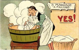 1907 Is Marriage a Failure? Yes! British marriage humour art postcard, husband doing the laundry (EK)