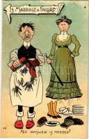 1907 Is Marriage a Failure? No answer needed! British marriage humour art postcard, husband cleans the wifes shoes (EK)