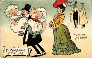 1907 Is Marriage a Failure? What do you think? He used to be such a jolly pal British marriage humour art postcard, husband with babies (EK)