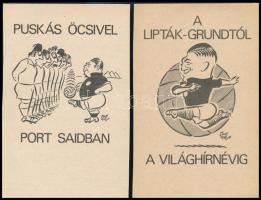cca 1960 Puskás Öcsit ábrázoló humoros futballgrafikai nyomatok, Szepes Béla grafikái, 6 db, 16×10 cm