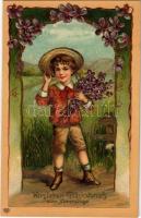 Herzlichen Glückwunsch zum Namenstage / Name Day greeting art postcard, boy with flowers. EAS. Art Nouveau Emb. floral litho (apró lyuk / tiny pinhole)