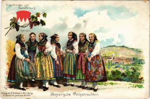 Unterfranen und Aschaffenburg. Uettingen. Bayerische Volkstrachten / Bavarian folklore art postcard, traditional costumes, coat of arms. Verlag v. G. Erdmann No. 2368. Art Nouveau, floral, litho s: A. Sch. (EB)