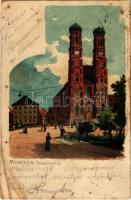 1900 München, Munich; Frauenkirche / church, street view. Künstlerpostkarte No. 3. Kunstanstalt Karl Leykum. litho (fl)