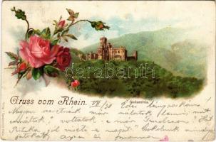 1900 Koblenz, Stolzenfels. Gruss vom Rhein / castle. Verlag F. Szesztokat Art Nouveau, floral, litho (EK)