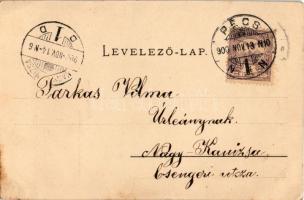 1900 Pécs, Jogi líceum, utca, bútorraktár, üzletek. Felvette és kiadja Krudy István (EK)