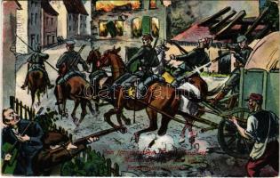 1915 Vom französischem Kriegsschauplatz. Munitionskolonne wird von Franktireurs überfallen / WWI German military art postcard (EK)