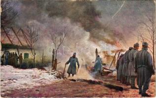 1917 Weltkrieg 1914-1915. Brennende Dörfer an der Nida / Világháború 1914-1915. Égő falvak a Nidán / WWI Austro-Hungarian K.u.K. military art postcard, burning villages (fa)