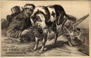 Le chien ambulancier / WWI French military art postcard, humour, rescue dog (cut)