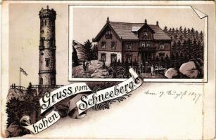 1897 (Vorläufer!) Schneeberg, Gruss vom hohen Schneeberg / lookout tower, chalet, tourist house. Lud. Philippsohn Art Nouveau, litho (fa)