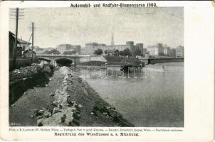 Wien, Vienna, Bécs; Regulierung des Wienflusses a. s. Mündung / regulation of the Wien River, bridge. "Automobil- und Radfahr-Blumencorso 1902" (small tear)