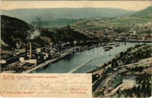 1907 Ústí nad Labem, Aussig; vom Schreckenstein gesehen / general view, bridge, factory, quay, railway station, industrial railway. Brück & Sohn Handkolorirte Künstlerkarte (EK)
