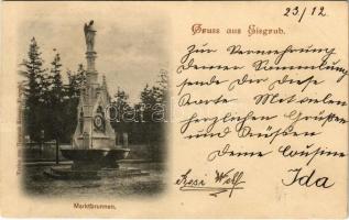 1898 Lednice, Lednice-Valtice, Feldsberg-Eisgrub, Eisgrub; Marktbrunnen / fountain. Verlag v. Heinrich Kreuzig (crease)