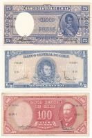 Chile 1958-1959. 5P + ~1960. 1/2Esc + 100P 10c felülbélyegzéssel T:I,III (csak a 100P hajtott) Chile 1958-1959. 5 Pesos + ~1960. 1/2 Escudo + 100 Pesos with 10 Centesimos overprint T:UNC,F (only the 100 Pesos is folded)