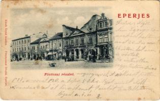 1899 (Vorläufer) Eperjes, Presov; Fő utca, Népbank, Központi kávéház. Kósch Árpád kiadása, Divald / main street, bank, cafe