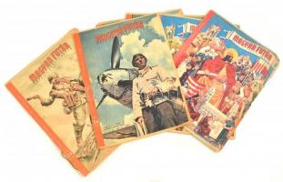 1943 Magyar Futár. III. évf. 29. (x3), 30., 34 (x2) sz., Szerk.: Rajniss Ferenc. Összesen 6 szám. Gazdag képanyaggal illusztrált. Papírkötésekben, változó állapotban, egy szám sérült, két szám sarkán gyűrődéssel, közte szakadozott borítóval is.